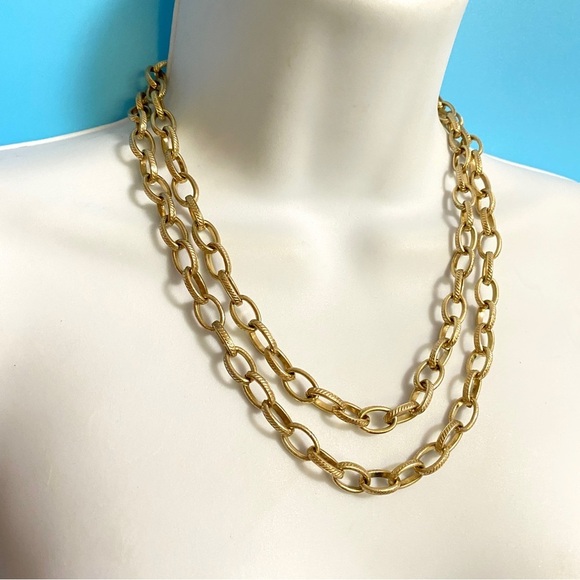 Gold Tone Double Strand Texture Link Necklace - Picture 6 of 8